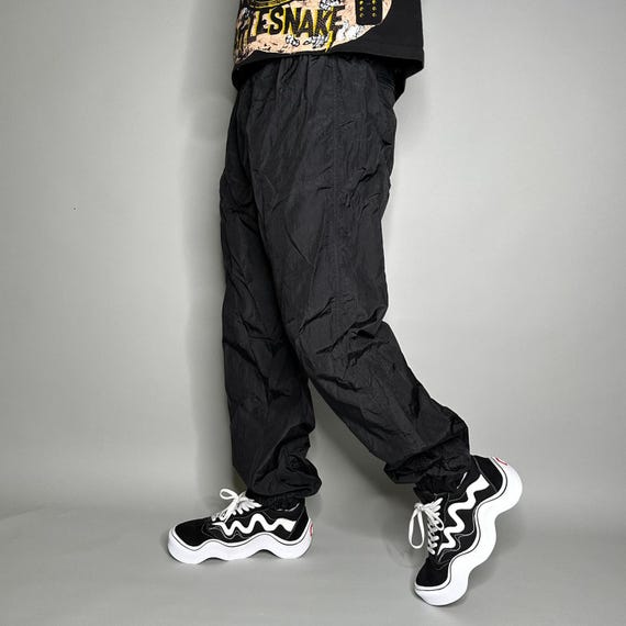 Vintage 90s Track Pants Mens M Jet Black Nylon Joggers Elastic