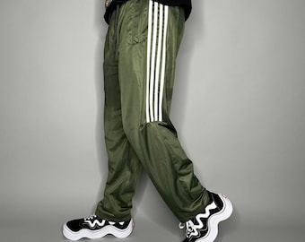 Vintage 90s Sweatpants Mens L Baggy Military Green Polyester White Stripes
