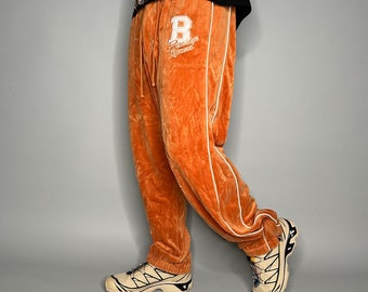 Pantalon de survêtement vintage Brooklyn Xpress en velours pour homme XL orange blanc ample jambe large avec fermetures éclair aux chevilles pour s'évaser Y2K