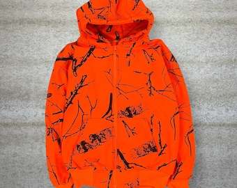 Vintage 90s Hoodie Youth M Orange Hunting Camo Cotton Full Zip Woodland