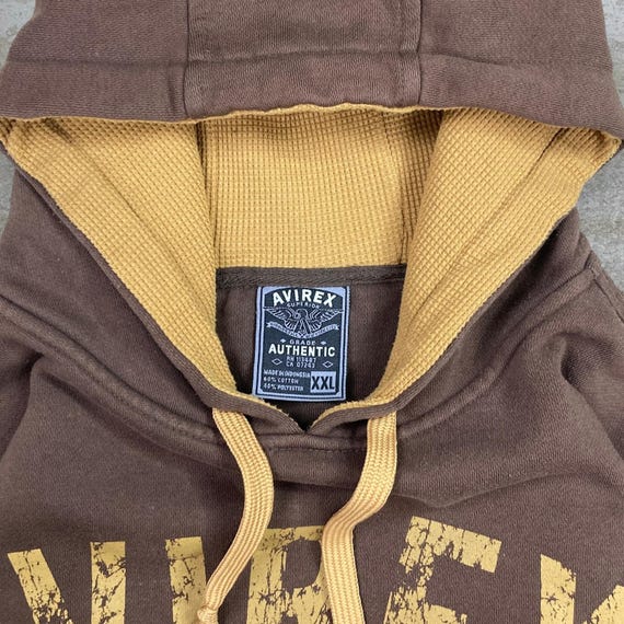 Vintage 90s Avirex Hoodie Mens 2XL Chocolate Brown Yellow Logo