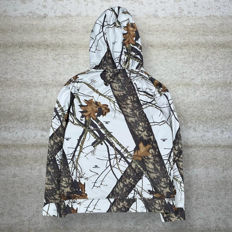 Sudadera con capucha vintage de los años 90 con estampado de camuflaje de caza de roble musgoso para hombre, talla M, jersey de algodón blanco, estilo bosque imagen 2