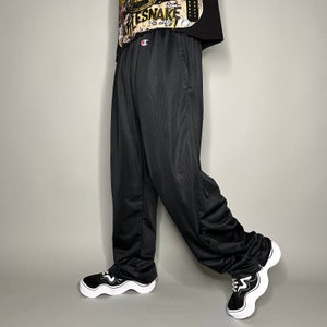 Vintage Champion Sweatpants Jet Black Polyester Embroidered Logo Baggy Fit Y2K