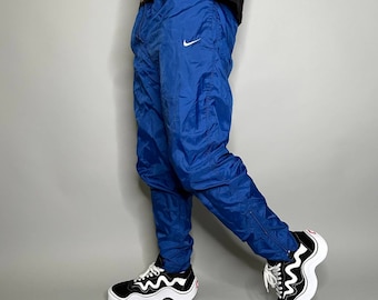 vintage Nike Track Pants Royal Blue Nylon Joggers Brodé White Swoosh 90s