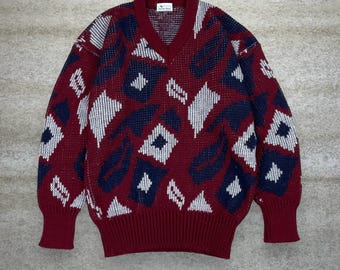 Vintage Victor Hein Sweater Mens M Maroon Red White V Neck 90s