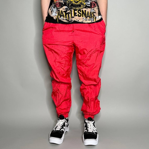 Vintage Track Pants Crimson Red Nylon Joggers Lined Has
