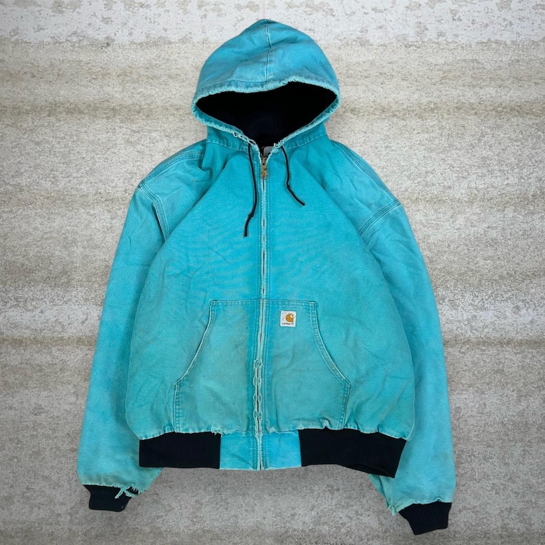 Vintage 90s Carhartt Jacket Mens L Light Blue Cotton Canvas Mesh Lined Hooded image 1