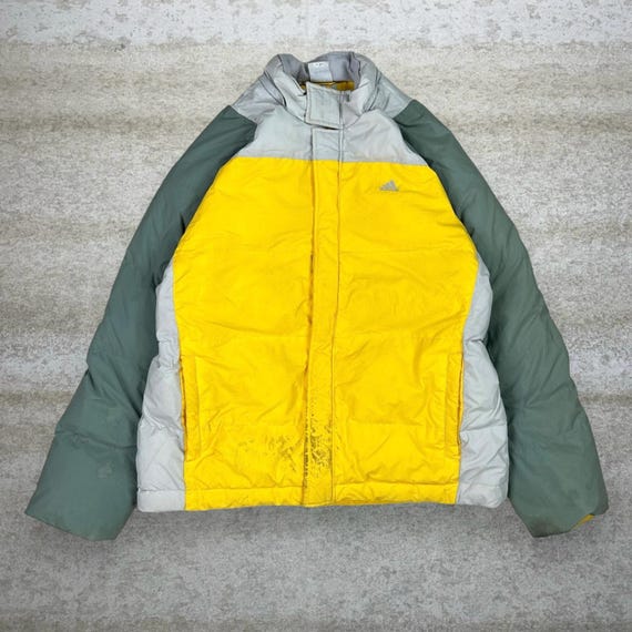LookAtLogan Vintage Adidas Puffer Jacket Mens XL Yellow Grey Insulated Full Zip Y2K
