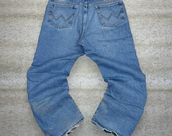 Vintage 90s Wrangler Jeans 38x30 Baggy Wide Leg Fit Light Wash Denim