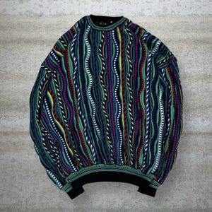 Vintage Coogi Style Sweater L Blue Black Multicolor Crewneck Pullover St Croix 90s