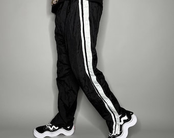 Vintage 90s Track Pants Mens M Baggy Flared Fit Jet Black Nylon White Lined