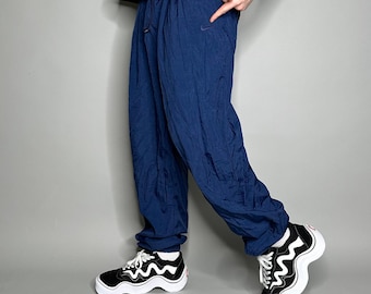 Vintage 90s Nike Track Pants Mens M Baggy Wide Leg Navy Blue White