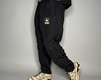 Vintage Army Trainingshose Herren L Jet Black Nylon Jogger Baggy Fit hat Knöchelreißverschlüsse Y2K