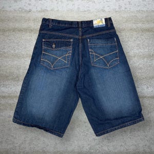 Vintage Skater Wide Leg Jean Shorts 38x14 Outback Rider Dark Wash Baggy Denim 14&quot; Inseam Embroidered Rap Style Art Y2K