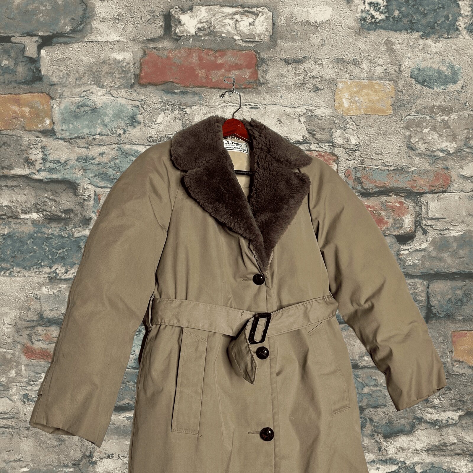 Vintage LL Bean Down Mainer Puffer Jacket Fleece Collar Tan Trench