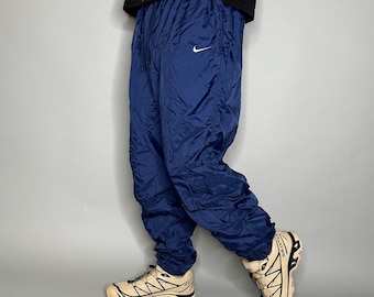 Vintage Nike Track Pants Mens L Navy Blue Nylon Sweatpants