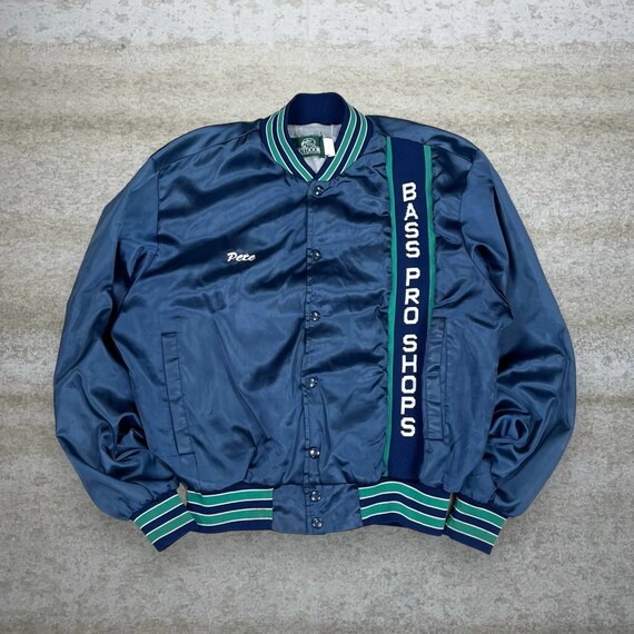Vintage Bass Pro Shops Satin Bomber Jacket Mens L Navy Blue Button 