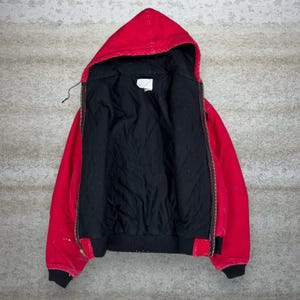 Vintage 90s Carhartt Jacket Mens XL Cherry Red Cotton Canvas Insulated Hooded image 2