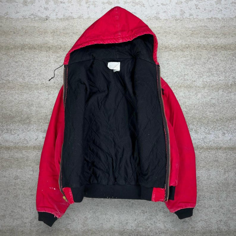 Vintage 90s Carhartt Jacket Mens XL Cherry Red Cotton Canvas Insulated Hooded image 2