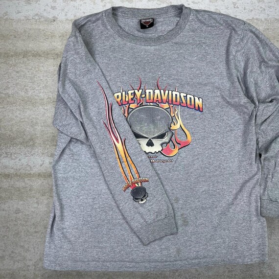 Vintage 90s Harley Davidson Shirt Mens XL Grey Crazy Flames Skull