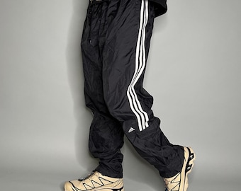 Vintage Adidas Track Broek Heren XL Zwart Nylon Joggingbroek Baggy Wit 3 Strepen Velcro Enkelbandje Mesh Gevoerd jaren '90