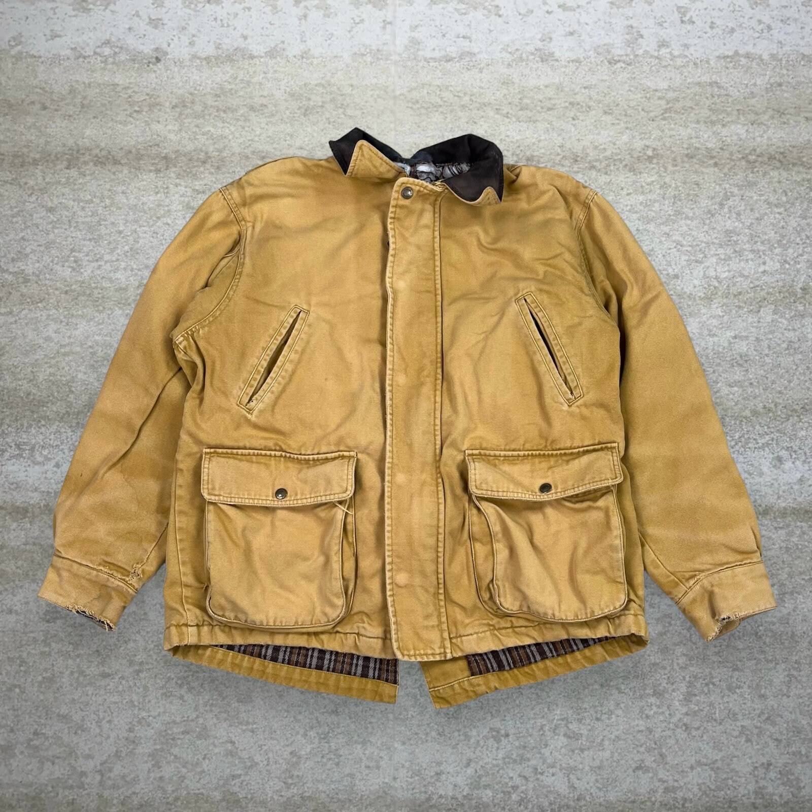 Vintage Cabelas Canvas Jacket Mens L Tan Plaid Lined Full Vintage Cabelas Canvas Jacket Mens L Tan Plaid Lined Full