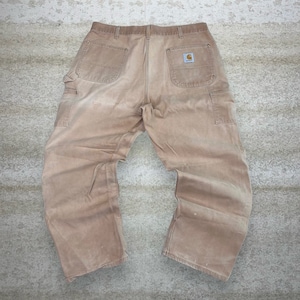 Vintage Carhartt doble rodillas carpintero pantalones unión hecho en EE.UU. Tan Faded 90s