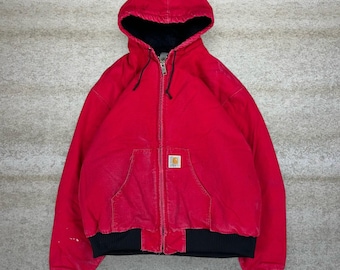 Vintage 90s Carhartt Jacket Mens XL Cherry Red Cotton Canvas Insulated Hooded