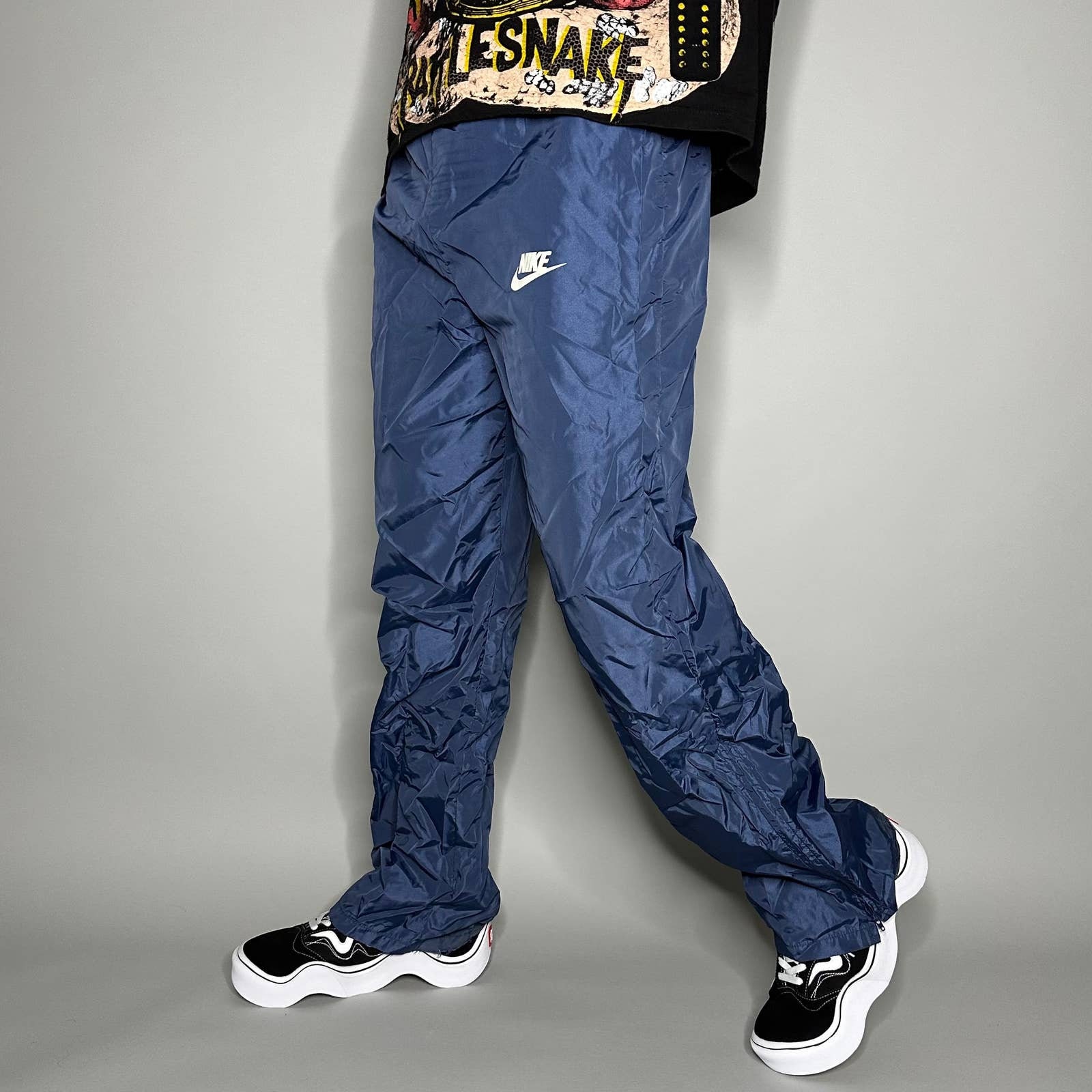 True Vintage Nike Track Pants Slate Blue Nylon Sweatpants White Swoosh has  Ankle Zippers Blue Tag 70s