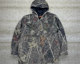 Vintage Hunting Camo Jacket Mens L Insulated Hooded Canvas Full Zip Y2K