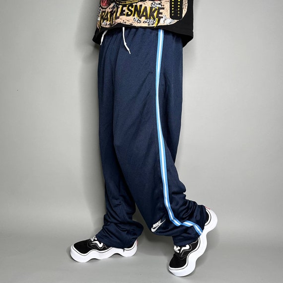 Vintage Nike Sweatpants Navy Blue Polyester White Ankle Swoosh Light Blue  Basketball Silver Tag Baggy Y2K 