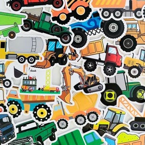 1- 50 pcs Trucks & Tractors stickers, big rigs, school supplies, party favor, construction, digger, excavator, recycle, cars, pinata stuffer