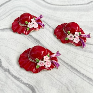 Pretty Red Hat with pink flowers, Red Hatter Pin Brooch bling rhinestone RHS Red Hat Society queen, lapel, jacket, purse, accessory, jewelry
