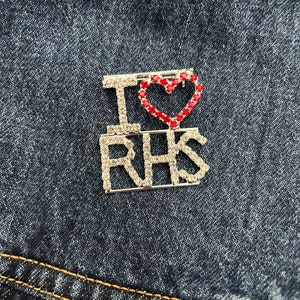 I Heart RHS, Red Hatter Pin Brooch bling rhinestone RHS Red Hat Society queen, lapel, jacket, purse, accessory, jewelry