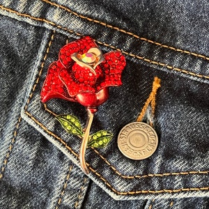 Rhinestone Rose brooch bling red RHS red hat society flower florist lady beautiful gift classy lanyard lapel hat
