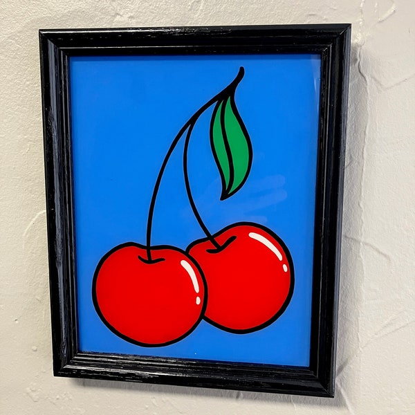 Cherries reverse glass enamel painting