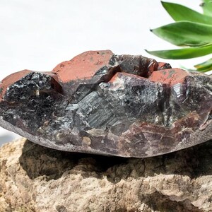 May include: A large, dark purple amethyst crystal cluster with red inclusions. The crystal is rough and has a natural, raw appearance. It is sitting on a brown rock.