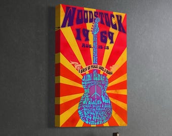 Lienzo de Woodstock "Vibraciones Eléctricas 1969" / Folleto Vintage de Woodstock / Arte Mural en Lienzo / Arte After Darkness