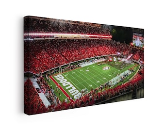 May include: A panoramic canvas print of a football stadium at night, filled with a crowd wearing red. The green field features white yard lines and the word BULLDOGS printed in the end zone. A large digital scoreboard is visible in the corner.