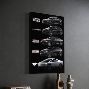 May include: A black canvas print featuring five different Tesla car models. The cars are displayed against a black background, with the text "DUAL MOTOR" visible. The Cybertruck is shown at the bottom. The print is displayed on a dark gray wall.