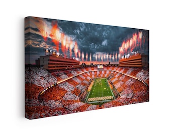 Tela da football dei Tennessee Volunteers "Riflessioni sulle cime rocciose" Stadio Neyland / College / Arte murale su tela / Arte dopo il tramonto