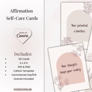 Baraja de cartas editable de autocuidado con afirmaciones, plantilla de Canva, tarjetas de afirmaciones diarias, tarjetas de autoconciencia, tarjetas motivacionales, reventa PLR
