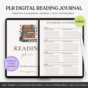 May include: A digital reading journal template featuring an illustration of a stack of books and the text "READIN planner" and "life is better with books". The template is designed for use with Canva and includes 40+ pages and 4 covers.