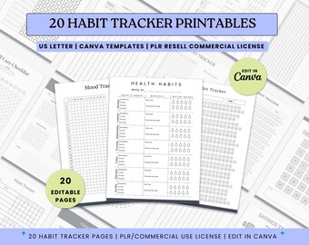 20-seitige, druckbare Vorlagen für Habit Tracker: minimalistisches Design (Canva-Vorlage)