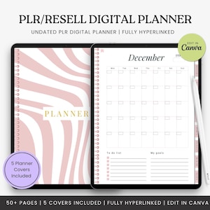 May include: Digital planner with a pink and white zebra stripe cover and a calendar view open to December. The planner includes a to-do list and a section for goals. Text on the image reads "PLR/RESELL DIGITAL PLANNER" and "Edit in Canva."