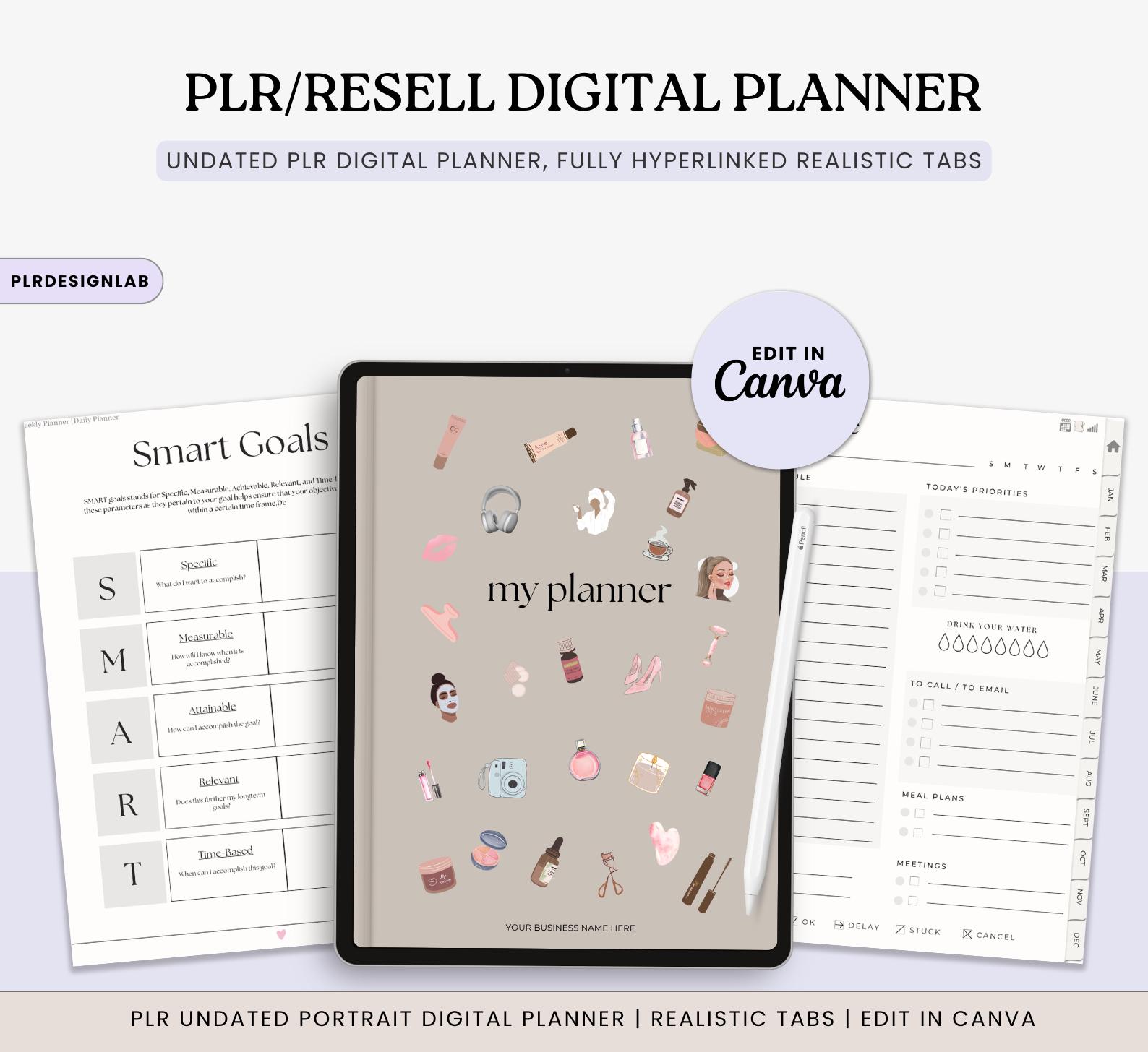 PLR Resell Digital Hyperlinked Planner, Editable Planner, Undated Planner, Canva Template, 2025 Planner, Realistic Tabs, Commercial Use