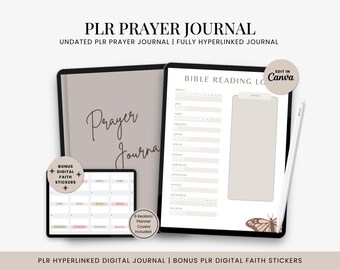 Könnte beinhalten: Ein digitales Gebetsjournal mit beigefarbenem Hintergrund und dem Text "Prayer Journal" in Braun. Das Journal enthält ein Bibel-Lesetagebuch, einen Kalender und Bonus-digitale Glaubenssticker. Das Journal ist vollständig verlinkt und kann in Canva bearbeitet werden.