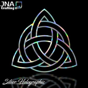 May include: A silver holographic vinyl decal of a Celtic knot, also known as a Trinity knot. The knot is a continuous loop of three interlaced circles, symbolizing unity, strength, and eternity.