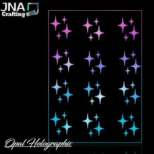 May include: A sheet of holographic opal vinyl with a repeating pattern of stars in shades of pink, blue, and purple. The vinyl is designed for crafting projects.