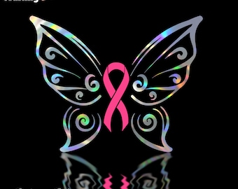Calcomanía de mariposa con lazo para la concienciación sobre el cáncer: vinilo holográfico para coche